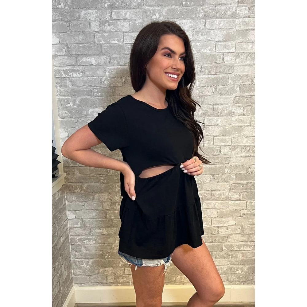 Nursing Queen Black Tiered Short Sleeve Top Blouse Lightweight Casual